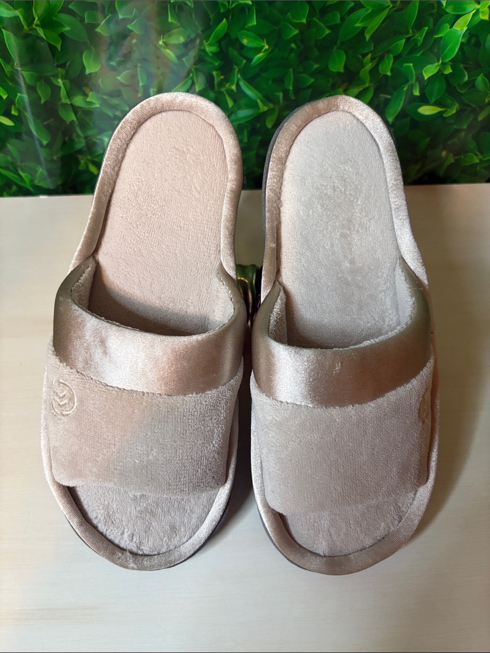 isotoner Women's Plush Slide Slippers in Champagne